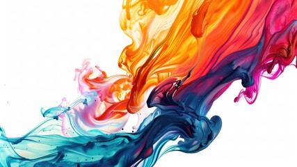 Fototapeta premium Vibrant modern art with colorful paint flowing vertically on a white background. Flat style design with ample copy space, perfect for creative projects and eye-catching backdrops.
