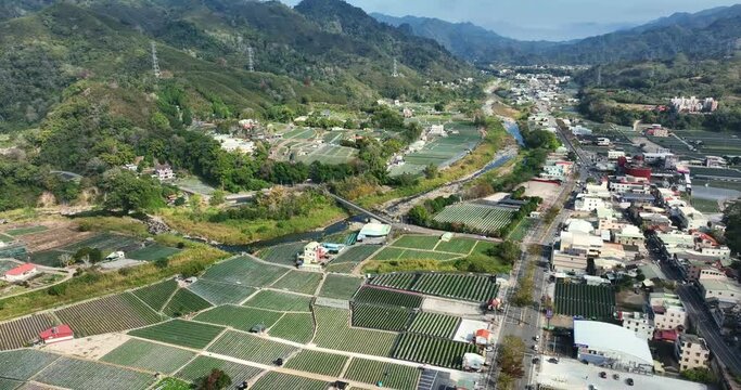 Top view of the strawberry field and village in Dahu in Miaoli of Taiwan