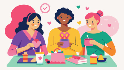 A group of friends hosting a CraftaThon where they make handmade cards and decorations to be sold at a fundraiser for a cancer charity.. Vector illustration