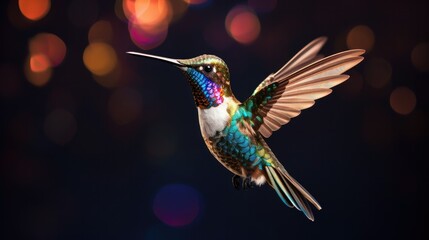 Obraz premium A graceful hummingbird hovering in mid-air, its iridescent feathers shimmering in the sunlight.
