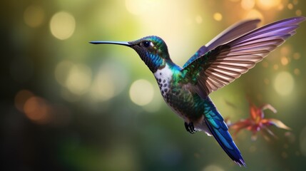 Fototapeta premium A graceful hummingbird hovering in mid-air, its iridescent feathers shimmering in the sunlight.