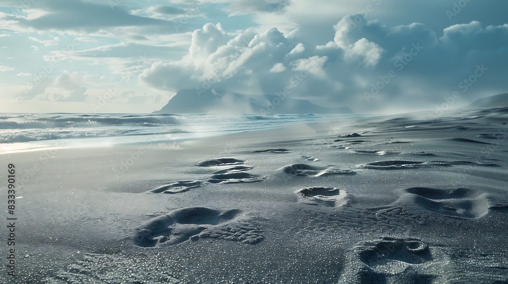 Wall mural Wind-blown sand covering abandoned footprints on a desolate beach. 8k, realistic, full ultra HD, high resolution and cinematic photography - Wall murals