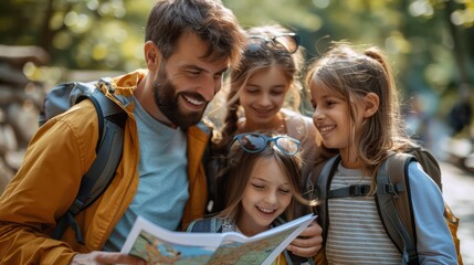 A family looking at a map on a family trip