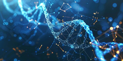 Glowing DNA Strands on Technological Background