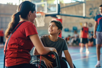 Smiling boy in wheelchair talking to female coach in gymnasium. They are surrounded by people playing basketball in background