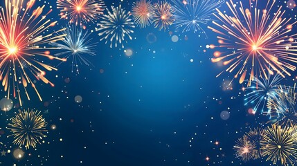 1. An elegant Happy New Year poster for 2025 featuring sparkling fireworks against a midnight blue sky, with space for customizable event details