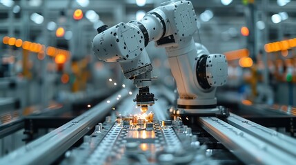 Fototapeta premium Robotic arm assembling parts in a factory.