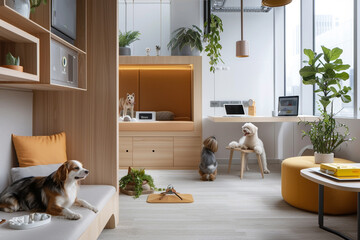 A contemporary pet-friendly workspace with AI-monitored pet activity zones, integrated feeding stations, and designated play areas for a harmonious work-pet balance.