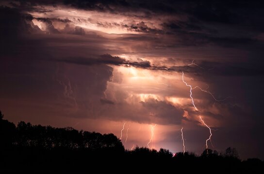 Multiple lightining thunder storm at night