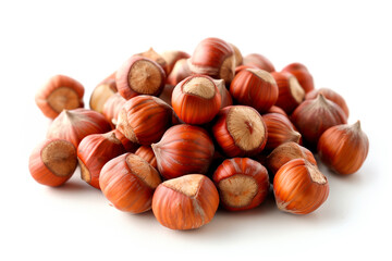 Obraz premium Close-up of shelled and unshelled Hazelnut nuts isolated on a white background, showcasing their texture