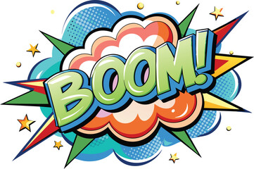 Word BOOM! inside explosive cloud in comic style, flat illustration, vector illustration.