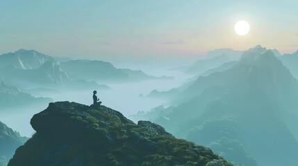 Illustration of Serene Meditation on Mountain Top at Sunrise