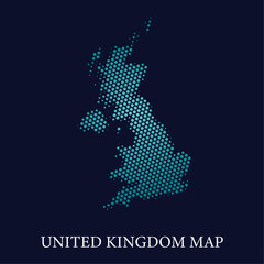 Modern halftone dot effect on dark background with map of United Kingdom