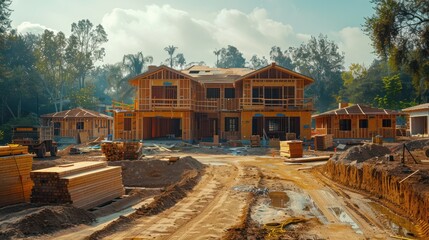 Obraz premium New home construction site with builders.