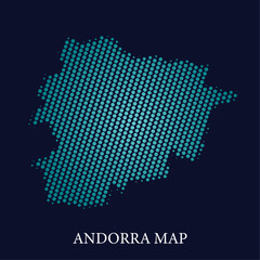 Obraz premium Modern halftone dot effect on dark background with map of Andorra