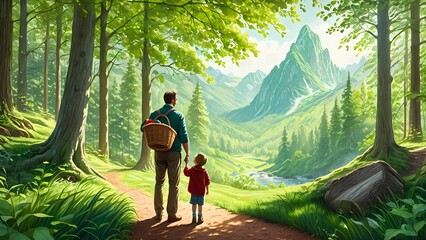 Father with son in forest fathers day illustration, Happy Father's Day