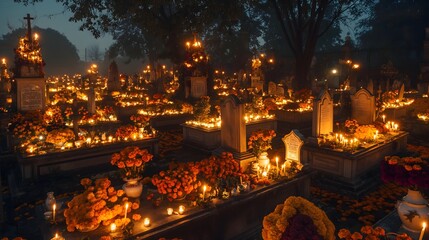 5. A hauntingly beautiful cemetery illuminated by candlelight, with graves adorned with marigolds and offerings for the spirits