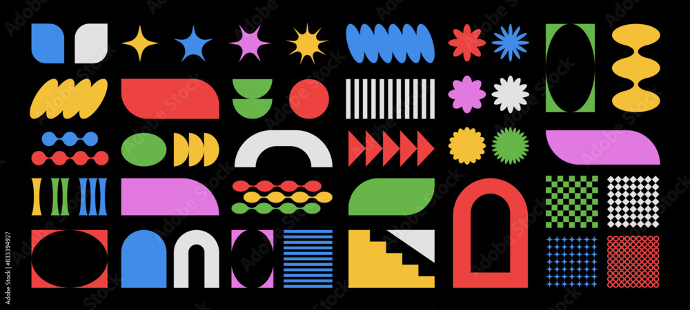 Wall mural set of abstract brutal shapes and forms in y2k style, sticker set of retro geometric figures. vector