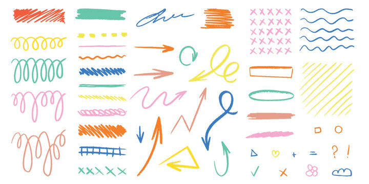 Set of pencil drawn curly lines, curls and shapes. Hand drawn vector pencil lines and logos. A bright drawing with charcoal or chalk. Vector pencil texture