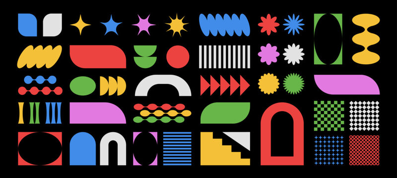 Set of abstract brutal shapes and forms in y2k style, sticker set of retro geometric figures. Vector illustration.