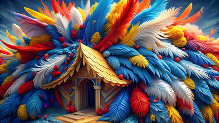 A detailed and whimsical illustration of a Dreamy house constructed entirely from soft, colorful feathers.