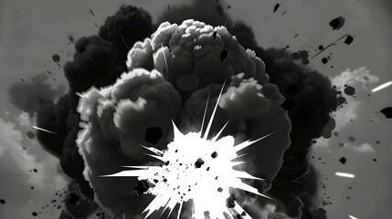 Bomb explosion, clouds of smoke, particles and fire in monochrome comic style. Abstract background. Cartoon flat illustration of boom explode effect. Design banner for military operations, war games