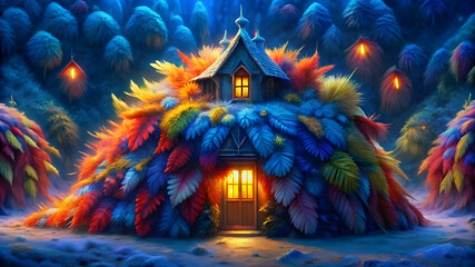 A detailed and whimsical illustration of a Dreamy house constructed entirely from soft, colorful feathers.