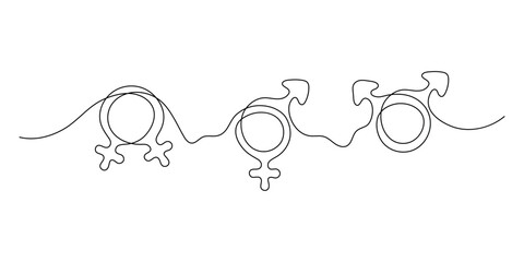 One solid line gender symbol on white background. All types of gender relations. minimalist graphics
