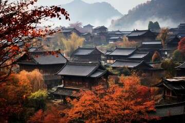 Naklejka premium Scenic view of a historic japanese village amidst vibrant autumn foliage and misty mountains