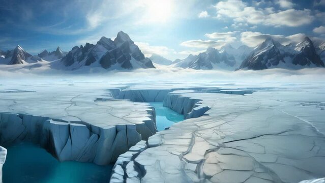 A beautiful landscape of a frozen tundra with snow-capped mountains in the distance. AI.