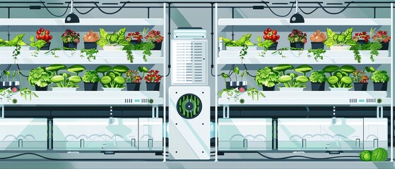 Indoor hydroponic farming setup with various fresh greens and plants growing under controlled conditions in a high-tech environment.