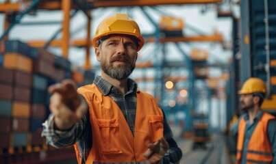 Head manager engineer teach and introduce or planning Business Logistics concept, Foreman control loading Containers box of cargo freight ship for Logistic planning and explain work with young worker