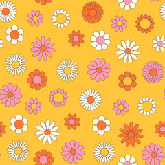 Colorfull seamless pattern with groovy daisy on the yellow background