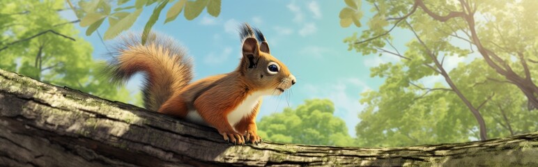 Obraz premium A squirrel is sitting on a tree branch in the forest. The squirrel is looking to the right. The background is a blur of green leaves and blue sky.