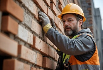 A bricklayer places bricks on building
