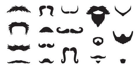 Mustache and beard set on white background. Vintage beard and mustache silhouette. Barber shop cartoon black beard label. Hipster style barber shop beard icon.