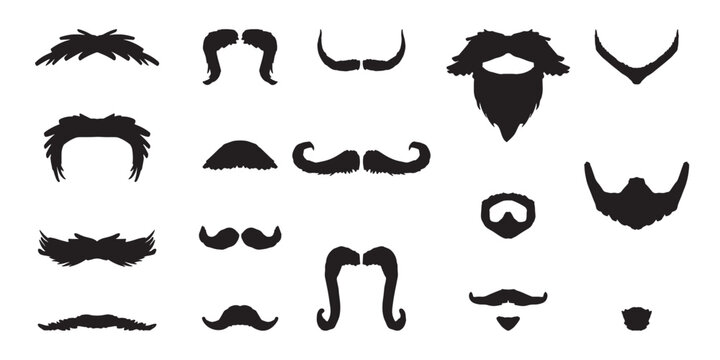 Mustache and beard set on white background. Vintage beard and mustache silhouette. Barber shop cartoon black beard label. Hipster style barber shop beard icon.