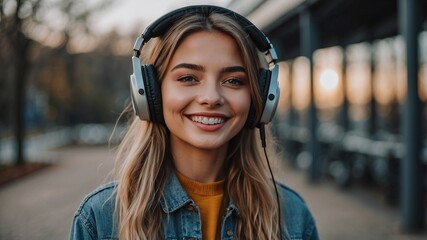 Women listening to music Beautiful Happy Girl Smiling in Headphones