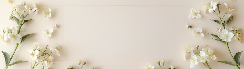 Fototapeta premium White flowers on a light beige background with copy space.