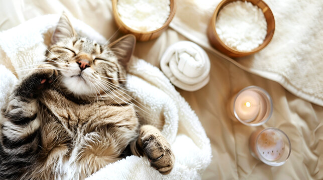 Relaxed cat enjoying a spa day with candles and towels