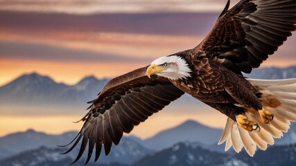 Fototapeta premium A magnificent bald eagle with its wings fully extended, gliding gracefully through the air. The eagle's feathers are intricately detailed, showing the contrast between the dark brown body and the stri