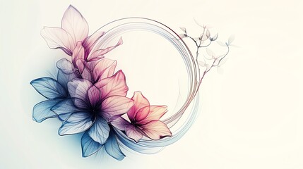 Fototapeta premium Delicate watercolor magnolia flowers and a branch in a circular frame on a white background.