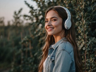 Women listening to music Beautiful Happy Girl Smiling in Headphones