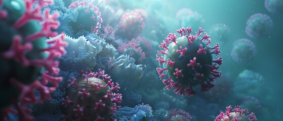 Obraz premium Close-up of colorful microscopic virus particles floating in blue fluid, illustrating virus biology and microbiology concepts.