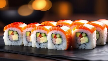 Salmon rainbow rolls with colorful layers of fish, avocado, and cucumber, served on a black rectangular plate. The rolls are beautifully arranged, highlighting the fresh and vibrant ingredients