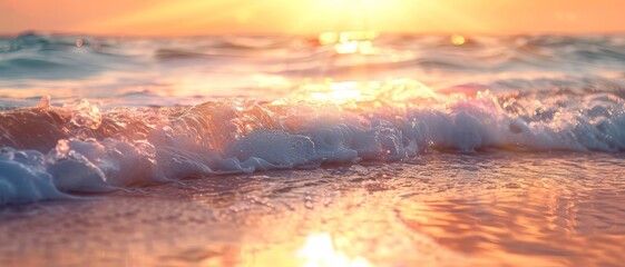 Golden sunset over crashing ocean waves.