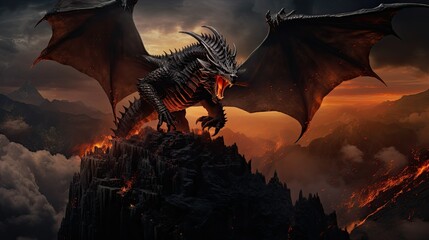 Photograph of a colossal black dragon perched atop a smoldering volcano, its eyes glowing with an infernal light
