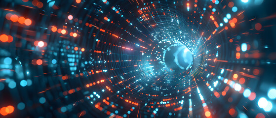Obraz premium A mesmerizing digital tunnel composed of glowing lines and vibrant orbs in blue and orange