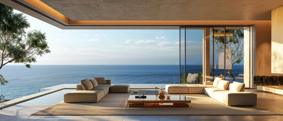 Fototapeta premium Modern luxury living room with minimalist decor and ocean view windows, featuring a sleek sofa