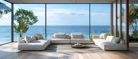 Obraz premium Modern beachfront living room with minimalist style, large glass windows showcasing ocean view, perfect for ad posters